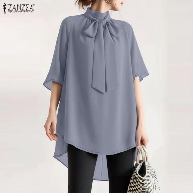 ZANZEA Women Stand Collar Loose Casual Half Sleeve Blouse