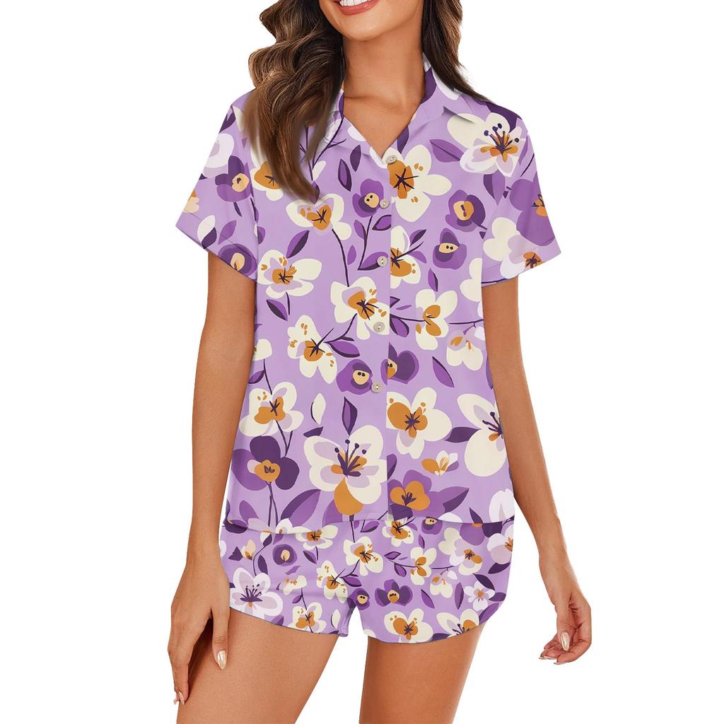 Women's Ice Silk Pajamas Button Homewear Hawaiian Print Short Sleeve Satin Pajama Set