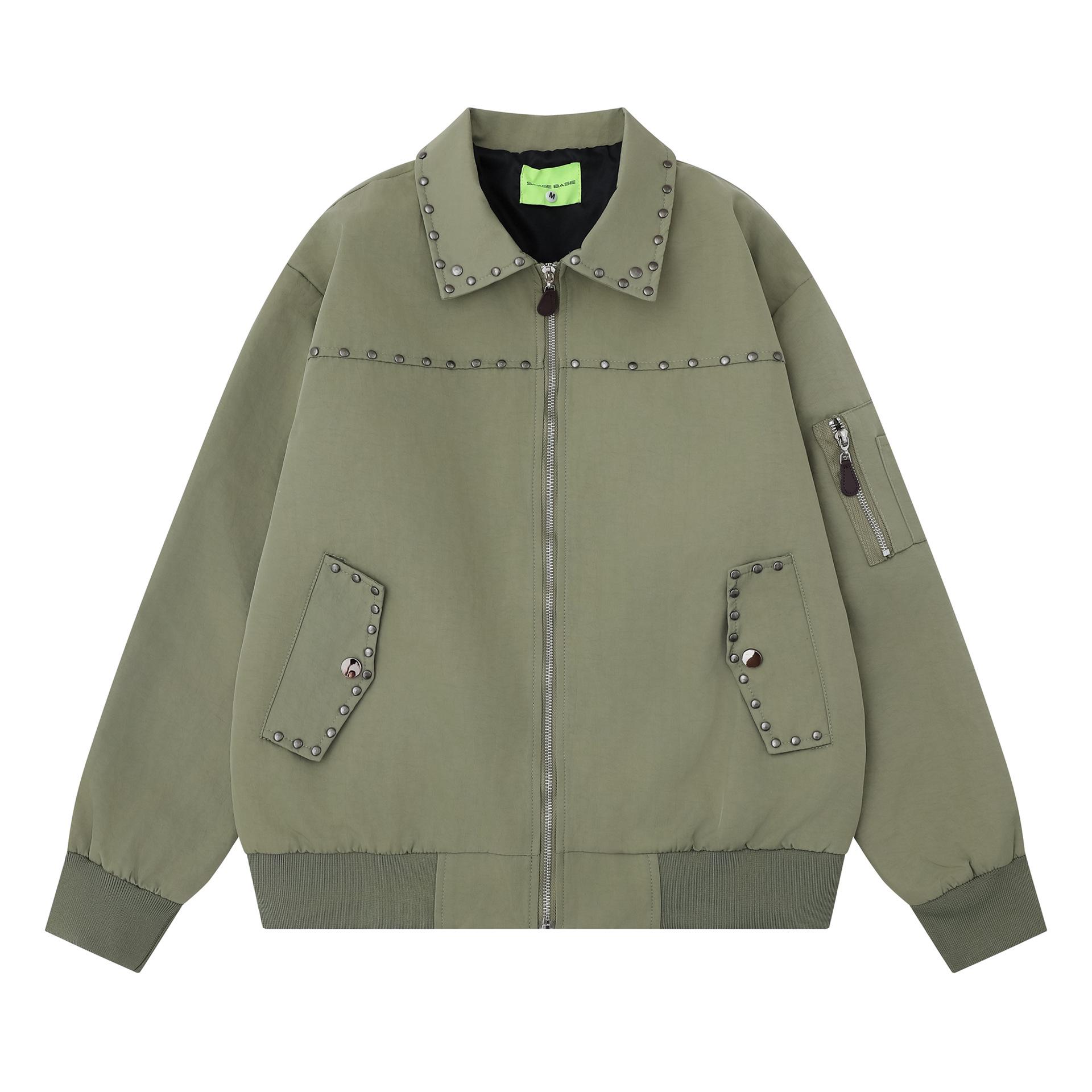 

Punk Style Rivet Zipper Flight Jacket - Autumn Loose Long Sleeve Baseball Outerwear Extra Large армія зелений колір