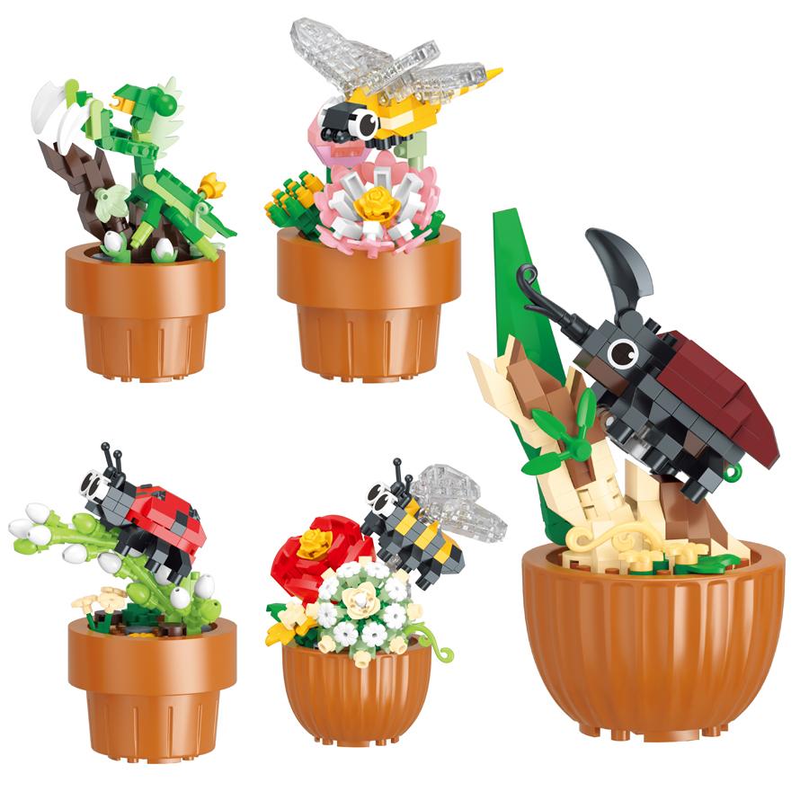 Insect Flower Pot Building Blocks Plastic Flowers Micro Blocks Potted Plant Home Decor Mother's Day New Year Gifts