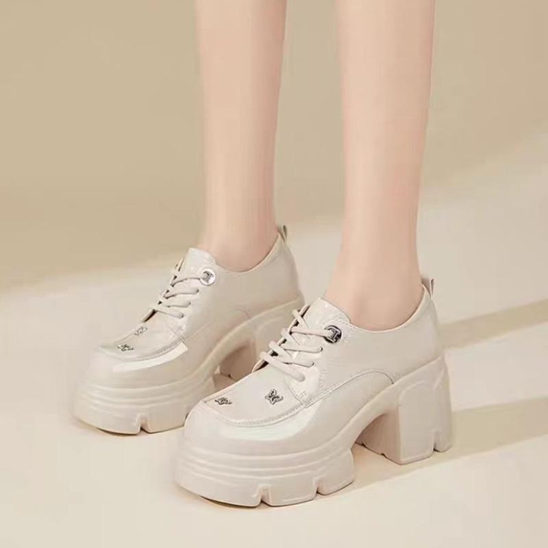 Mode Square Heel Einzelne Schuhe Herbst Neu Runde Zehenpartie Riemchen vorne Plateau Rutschfest Verschleißfest Hohe Absätze