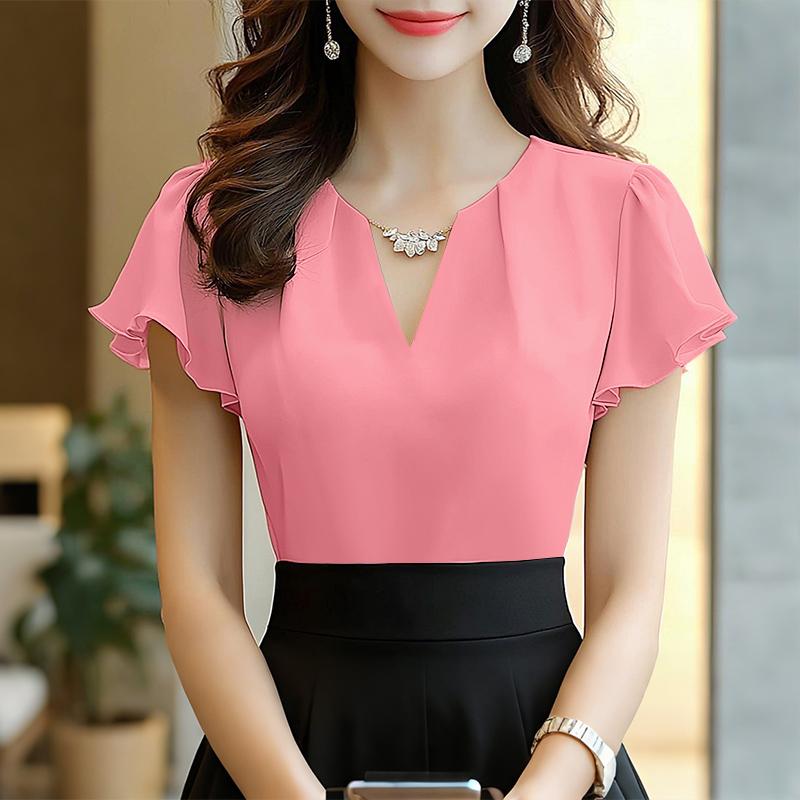 

ZANZEA Женская повседневная блузка с V-образным вырезом, рукавами-рюшами и однотонной расцветкой для лета розовый
