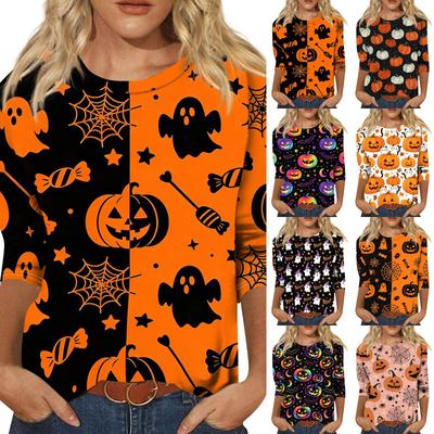 Women's Casual Three Quarter Sleeve Halloween Print Pullover Top Round Neck Lightweight Soft Fabric Comfortable Fit