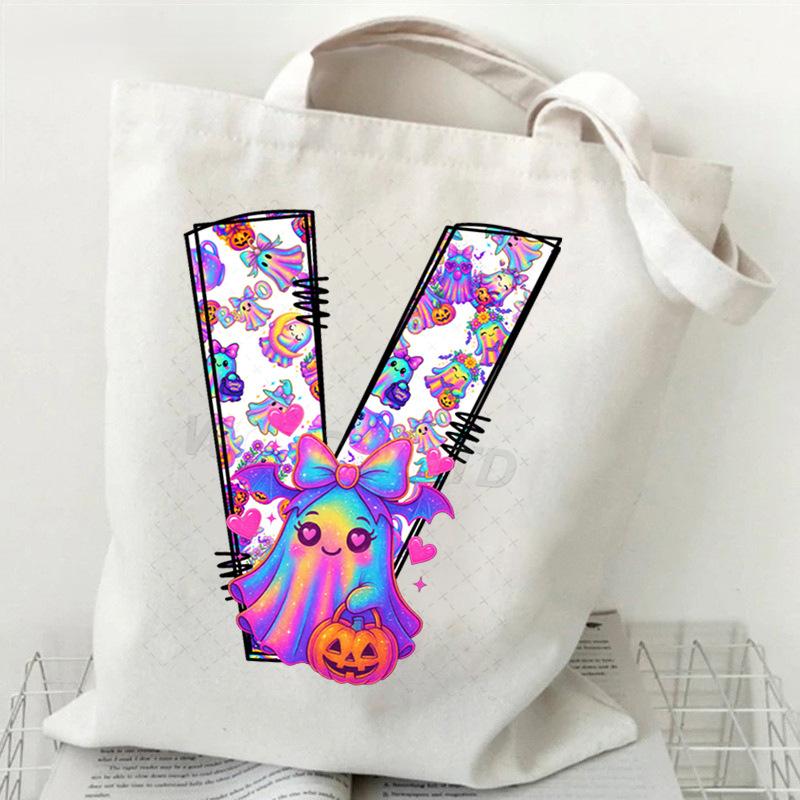 Halloween Alphabet Canvas Bag Going Out Portable Handbag Women's Large Capacity Casual Shoulder Crossbody Bag