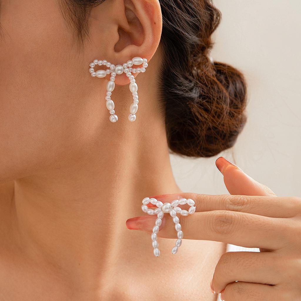 French Bow Tassel Stud Earrings, Simple Imitation Pearl Knotted Bowearrings