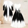 Women Plus Size Two Piece Set Black White Printed Long Sleeve Cardigan Sleeveless Round Neck Tie Waist Flared Dress
