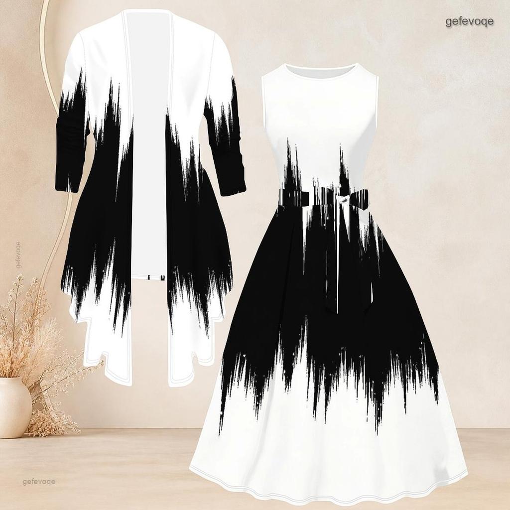 Women Plus Size Two Piece Set Black White Printed Long Sleeve Cardigan Sleeveless Round Neck Tie Waist Flared Dress