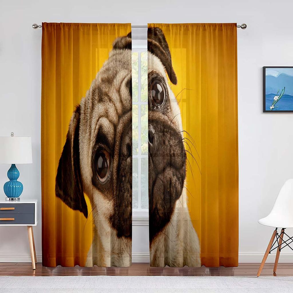 Niedlicher Bulldogge Transparenter Voile Vorhang Lustiger Mops Welpe Tier Gelbe Tüllvorhänge für Wohnzimmer Schlafzimmer Küchendekorationen