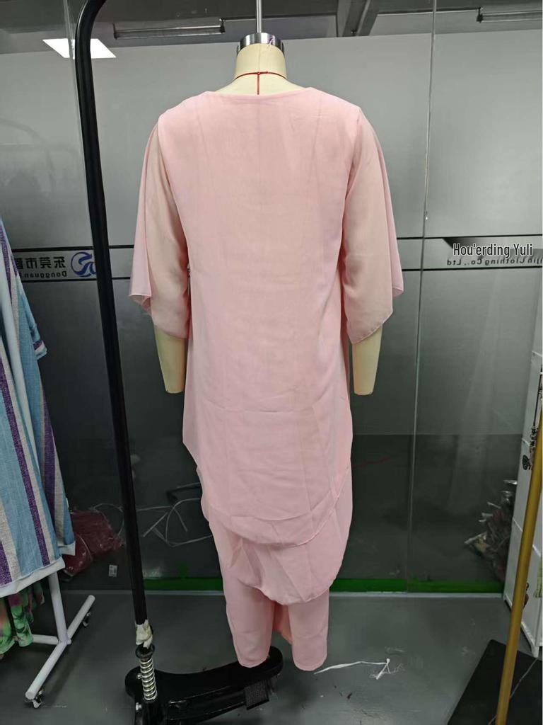 Dámský volný šifonový top a kalhoty, sada 2 kusů - Ležérní jednobarevná, Evropský a americký styl 2025