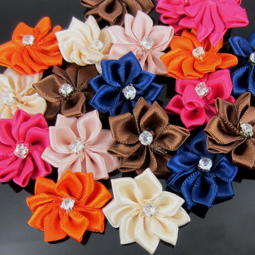 10Pcs Handmade Small Satin Flowers Fabric Rhinestone Flower Appliques For Sewing Craft Wedding Decorations 2.8cm