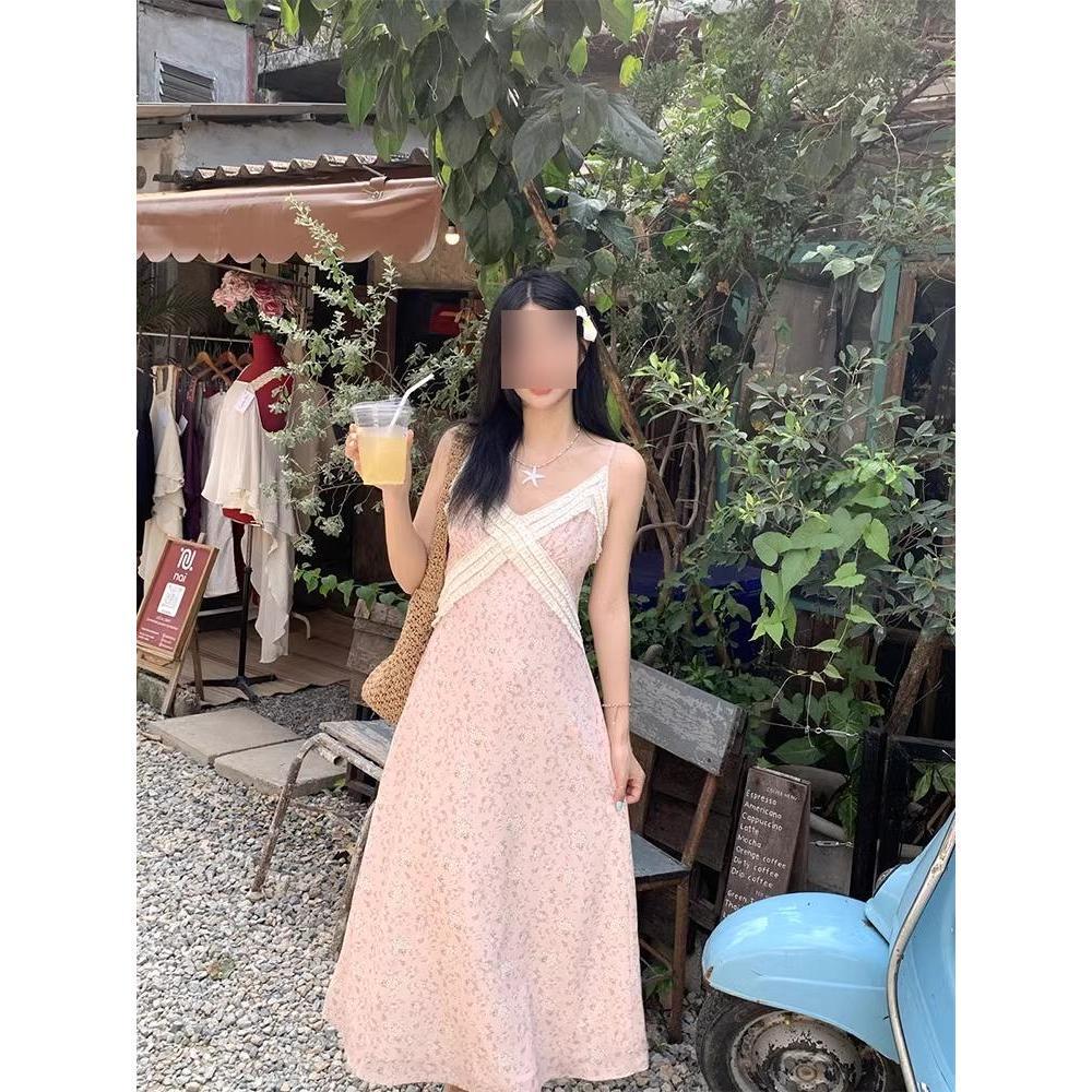 

Романтичное цветочное платье А-силуэта с V-образным вырезом, на тонких бретелях, кружевное, летнее M (recommended 90-100 lbs)