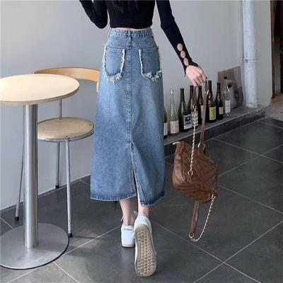 Damska Retro Rozkloszowana Jeansowa Spódnica Midi z Postrzępionym Rozcięciem 2025 - Koreański Letni Trend