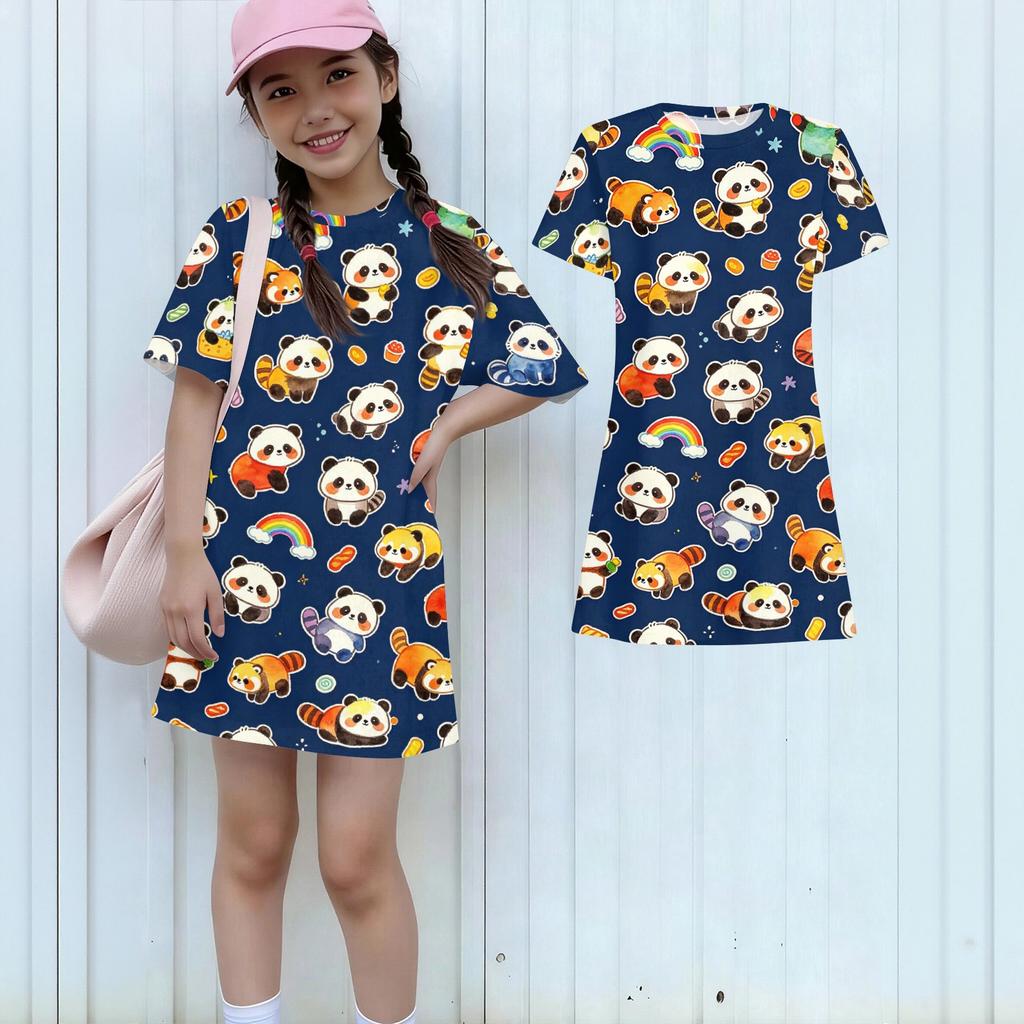 Girls Loose Fit Short Sleeve Dress Kids Round Neck Lightweight Summer Dress with Animal Print Pattern Casual Daily Wear