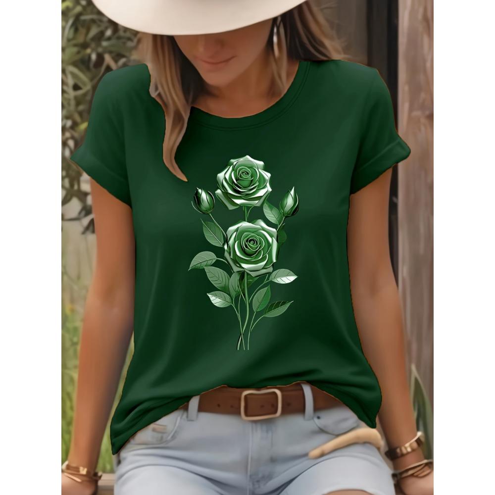 Fashion Women Rose Printed T-Shirt O-Neck Short Sleeve T-Shirt Simple Design Versatile Daily Wear Elegant Style Women Clothing