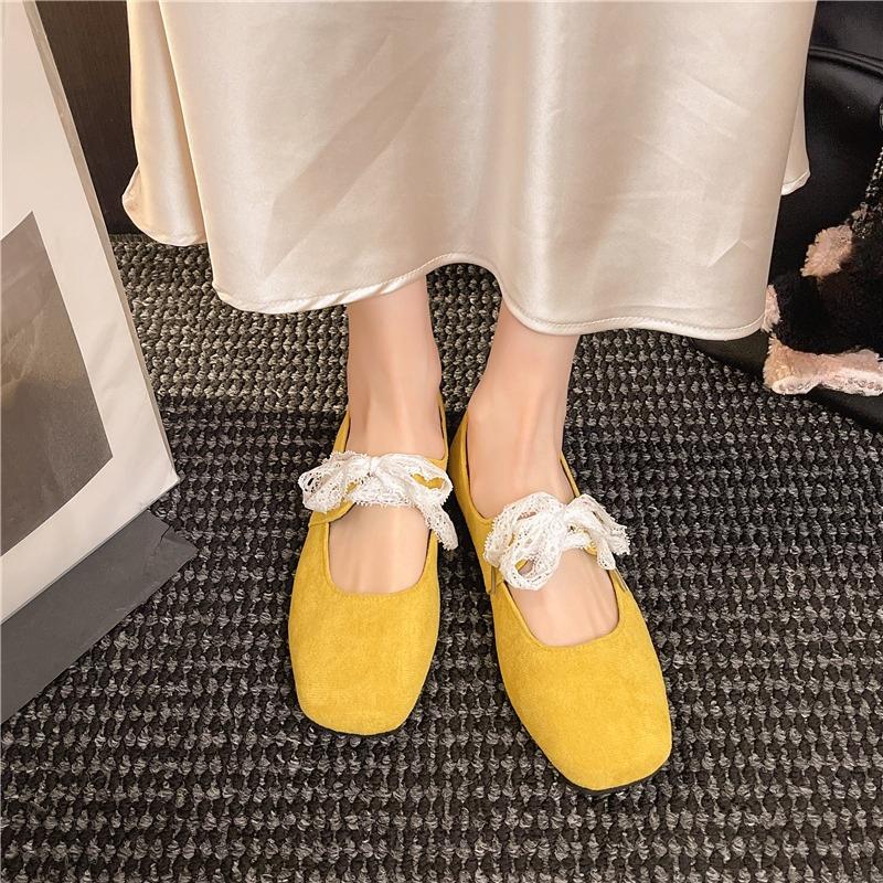 Fashion Fall New Square Toe Suede Soft Sole Non-Slip Sneakers Fashion Lace Bow Flats