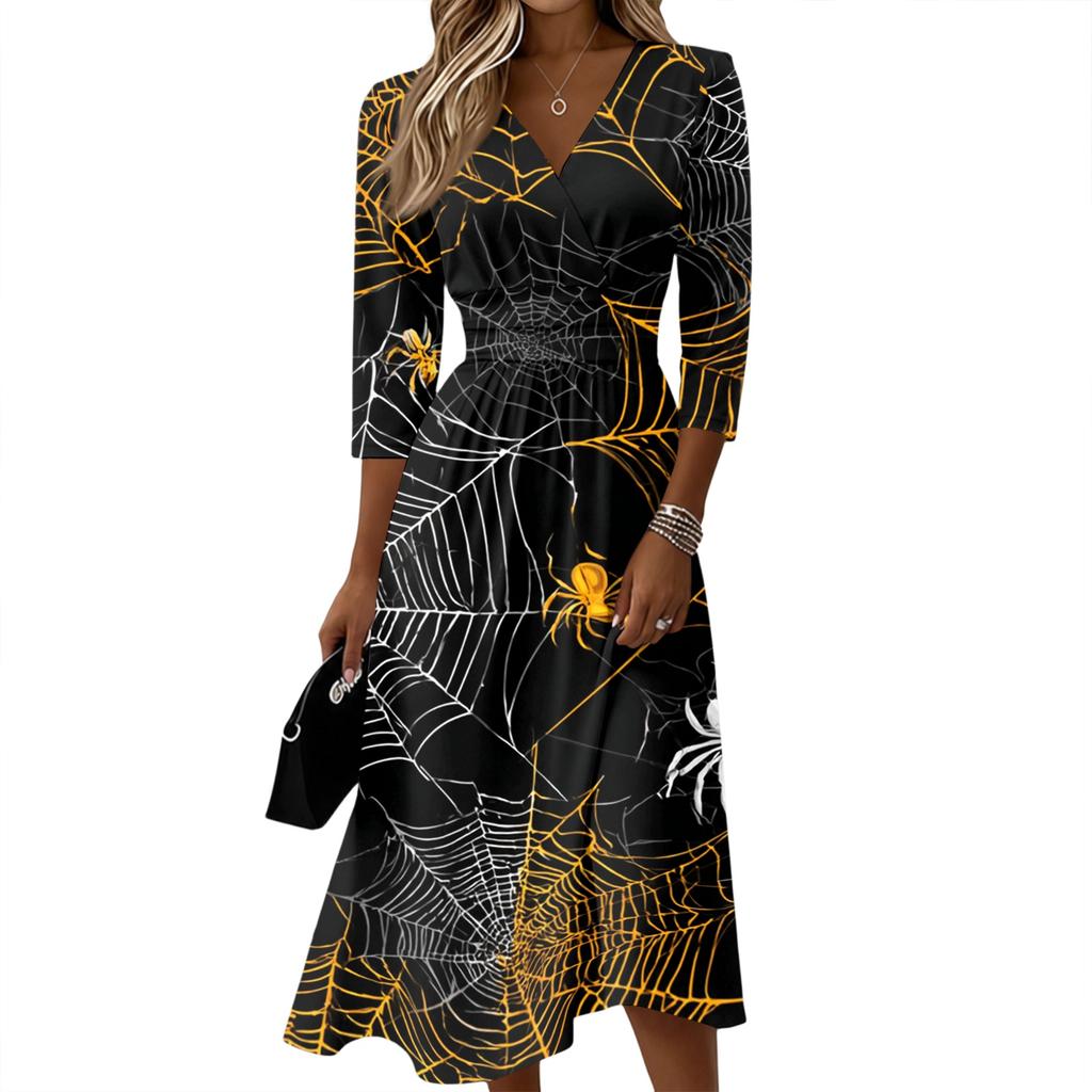 Women's Casual Three-Quarter Sleeve V-Neck Dress with Back Zipper for Stylish Everyday Wear