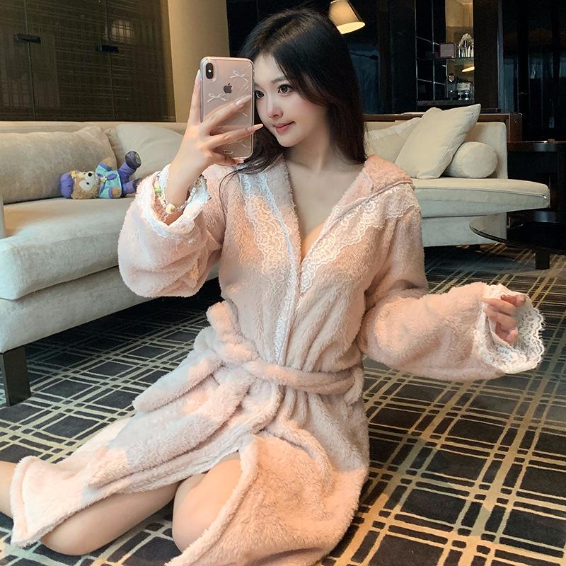 Women's Winter Fleece Long Bathrobe with Velvet - Sexy Bride Morning Robe Pajamas