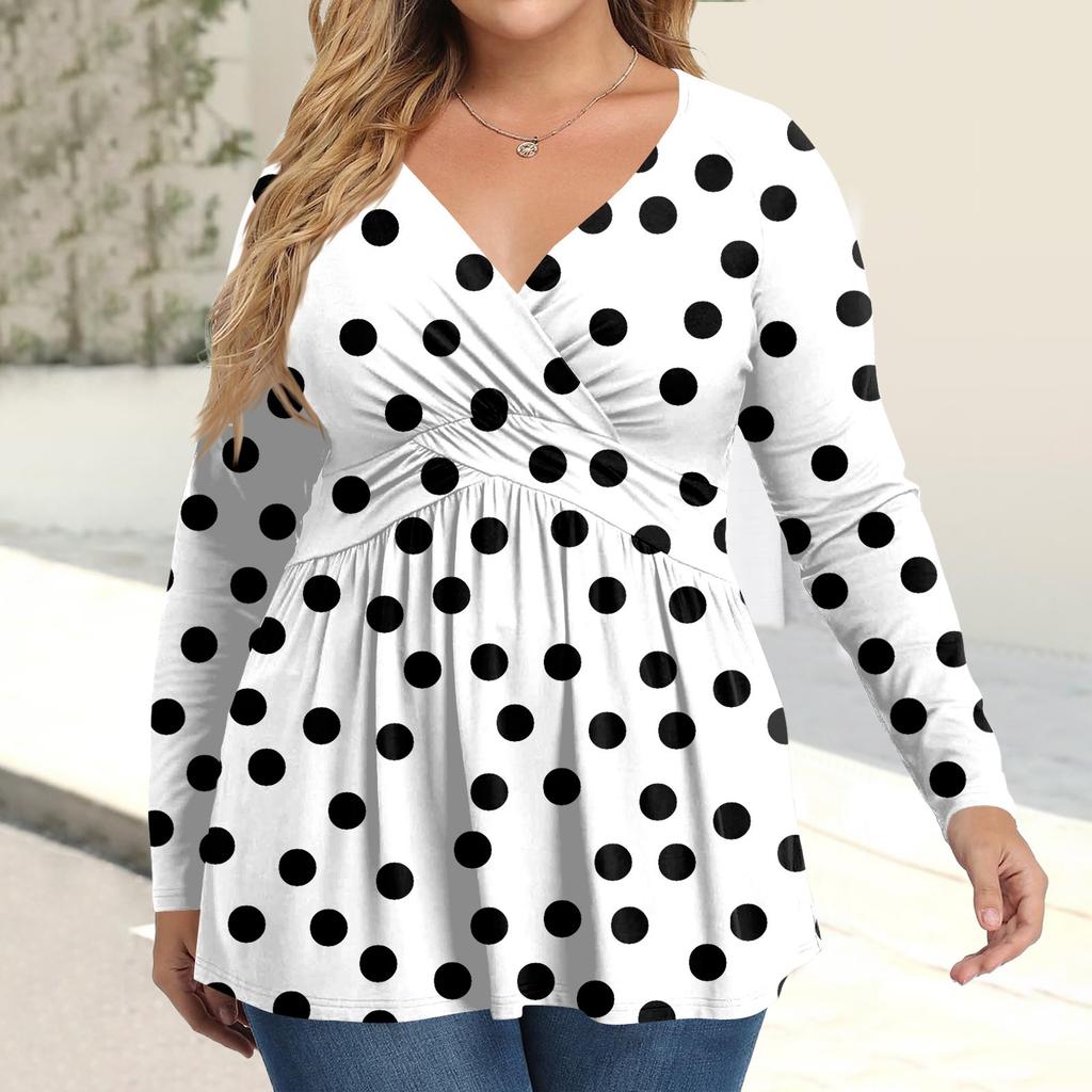 Women's Plus Size Shirt Long Sleeve  Print Top Pleated Casual V-Neck Top