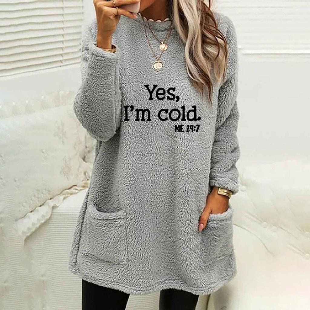 Letter Sleeved Loose Long New Printed Doublesided Velvet Pocket Round Neck Sweatshirt For Autumn And Winter Womens Clothing
