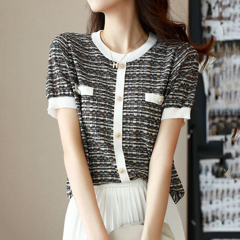 Elegant Fashion O-Neck Short Sleeve Knitted Tops All-match Female Summer Button Commuter Pullovers T-shirt Women's Clothing