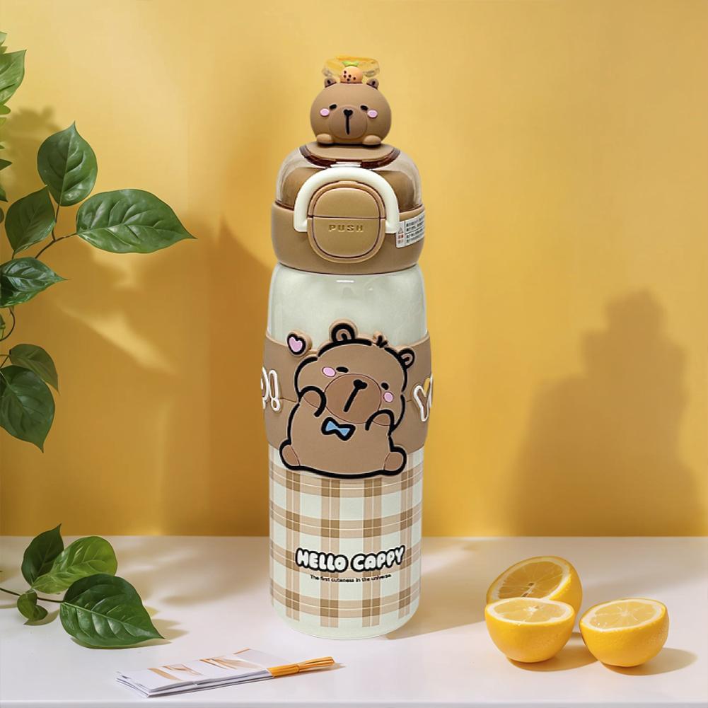Kawaii Capybara Water Bottle Stainless Steel Vacuum Insulated Tumbler with Lid & Silicone Straw for Student 520ml