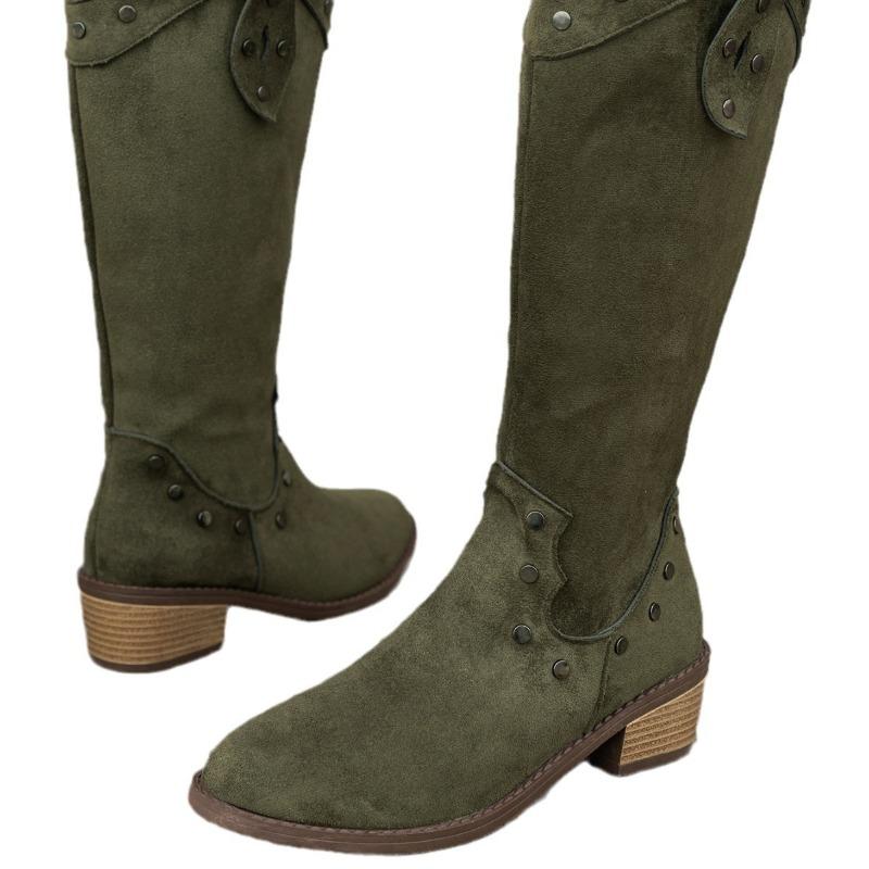 Retro Pointed Rivet Western Cowboy Boots Large Size Thin V-mouth Suede Side Zipper Fashion Boots