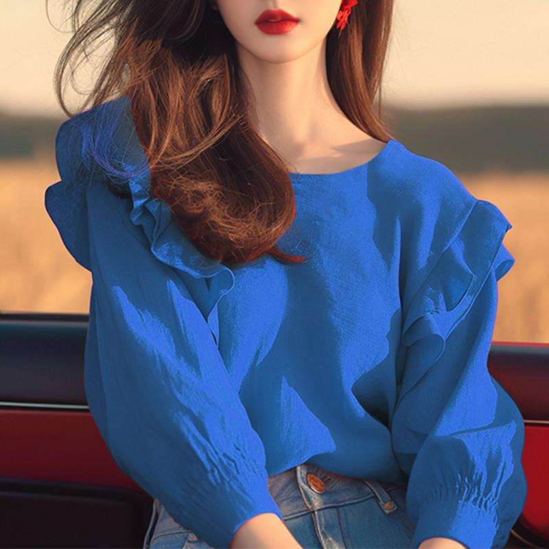 VONDA ქალთა საზაფხულო მრგვალი კისრის გრძელმკლავიანი მყარი ფერის ბლუზები