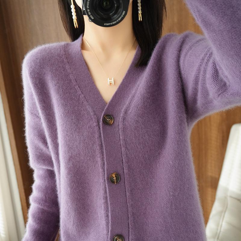 Women's Pure Wool Solid Color Cashmere Cardigan Sweater - V Neck Autumn/Winter Knitwear