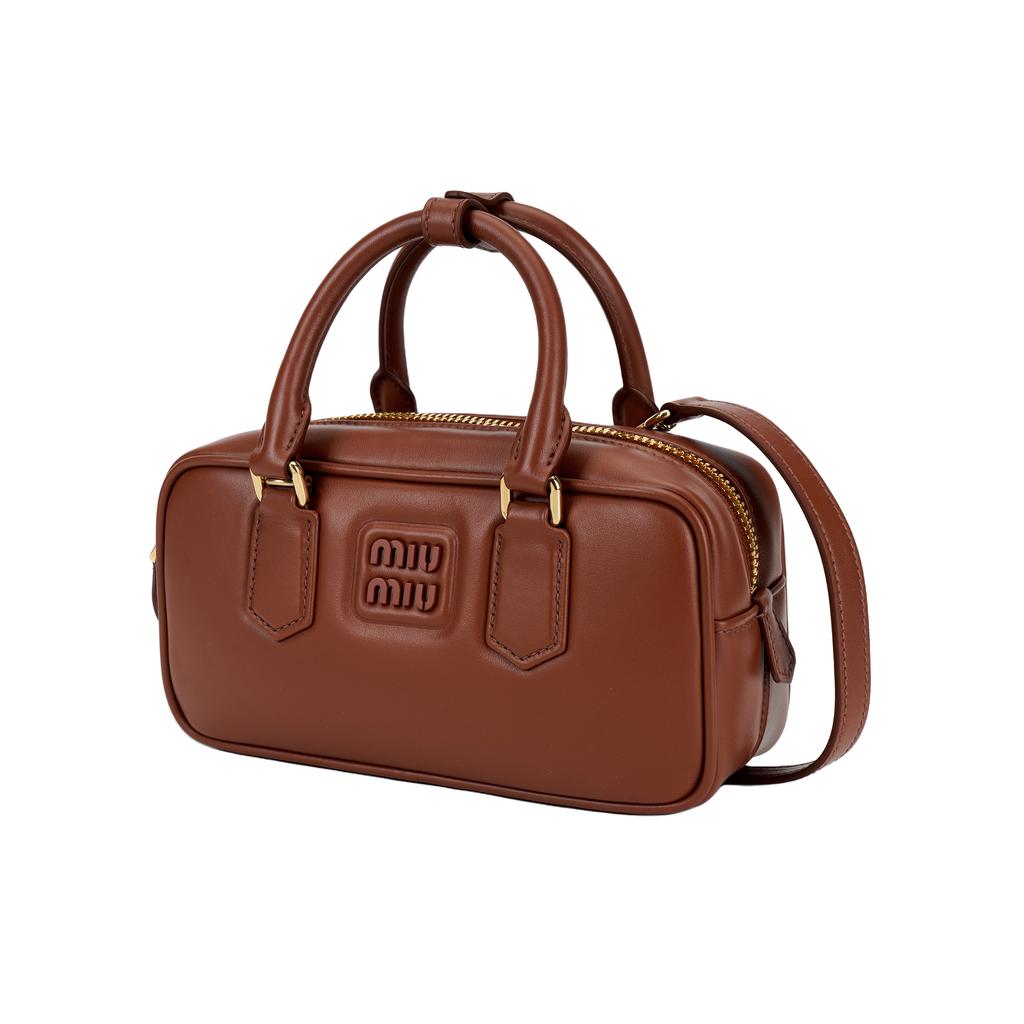 Bolso de hombro único de cuero serie Arcadie MIU MIU con logotipo metálico grabado para mujer color óxido