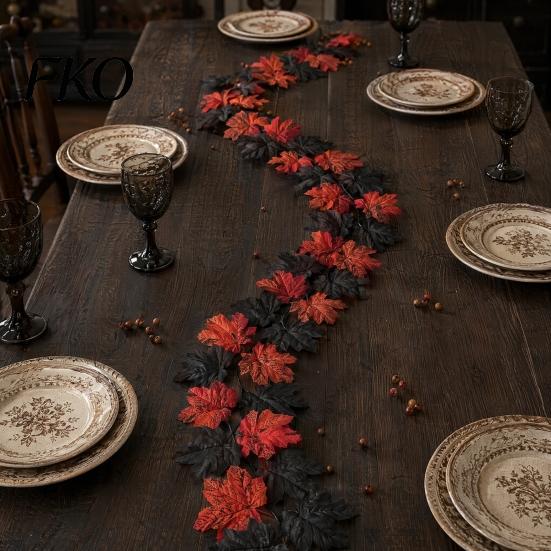 High-density Fabric Leaves Artificial Maple Leaf Garland, Autumn Faux Vine, Black & Red Fall Garland Hanging Vine for Fireplace Front Door