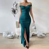 New Off-shoulder Pleated Mermaid Long Dress, Sexy Slit, Slimming, Fitting, Waist-controlling, Hip-hugging Evening Gown