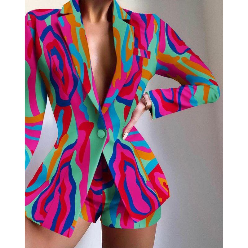 European and American Women's Clothing Fashion Suit Print Shorts Suit Long Sleeve Printed Shorts Suit