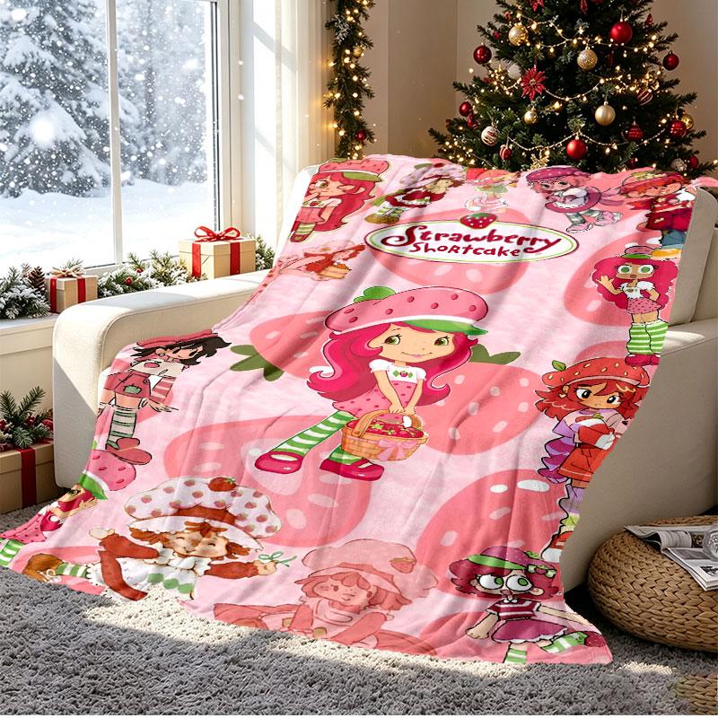 Strawberry Shortcake Pattern Blanket for Home Decoration, Bed, Sofa, Car Travel, Camping, Suitable for All Seasons, Birthday Christmas Gift