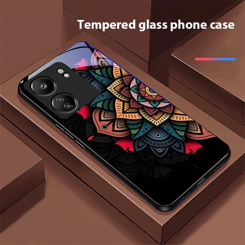 Leuchtender Schwarzer Lotus Für Xiaomi Redmi 13C Note13 12 Pro Plus 5G Note 9 13T Pro POCO X6 F5 F6 Schwarze Handyhülle aus gehärtetem Glas