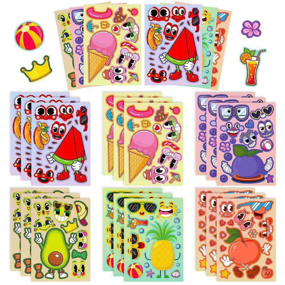 6/12Sheets Cartoon Fruit Summer Colorful Make A Face Puzzle Stickers PVC Material Children’s Daily Toys Waterproof Toy Stickers.