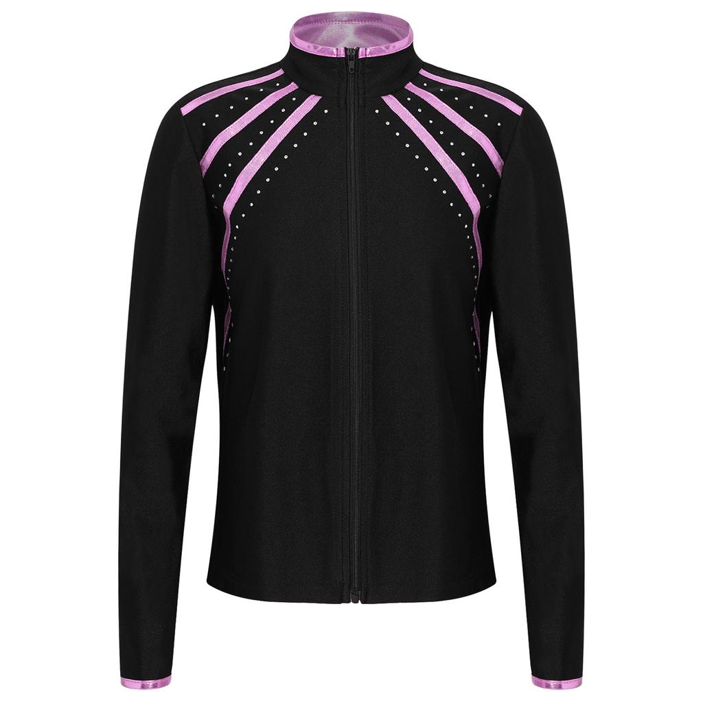 Sweat à capuche enfant scintillant avec strass et rayures métalliques, fermeture éclair, col montant, manches longues pour le patinage artistique, la gymnastique, l'entraînement