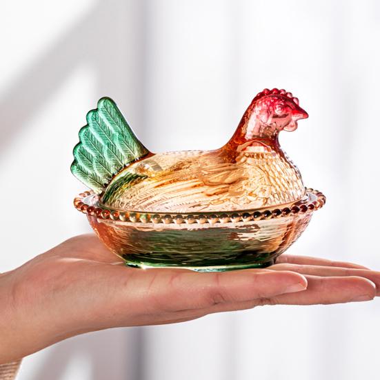 Glas Henne auf Nest Süßigkeitenschale mit Deckel Große Fußschale für Süßigkeiten Kekse Nüsse Desserts Vintage Rustikal Bonbonglas für Zuhause Küche Büro