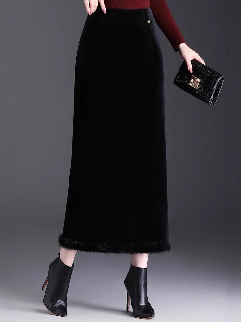 Velvet High-Waist Slit Pencil Skirt - 2025 Winter Collection