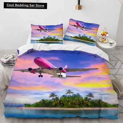 3D Flugzeug Königin König Bettbezug Rosa Verkehrsflugzeug Bettwäsche-Set für Erwachsene Himmel Meer Naturlandschaft 2/3-teilig Polyester Bettdeckenbezug