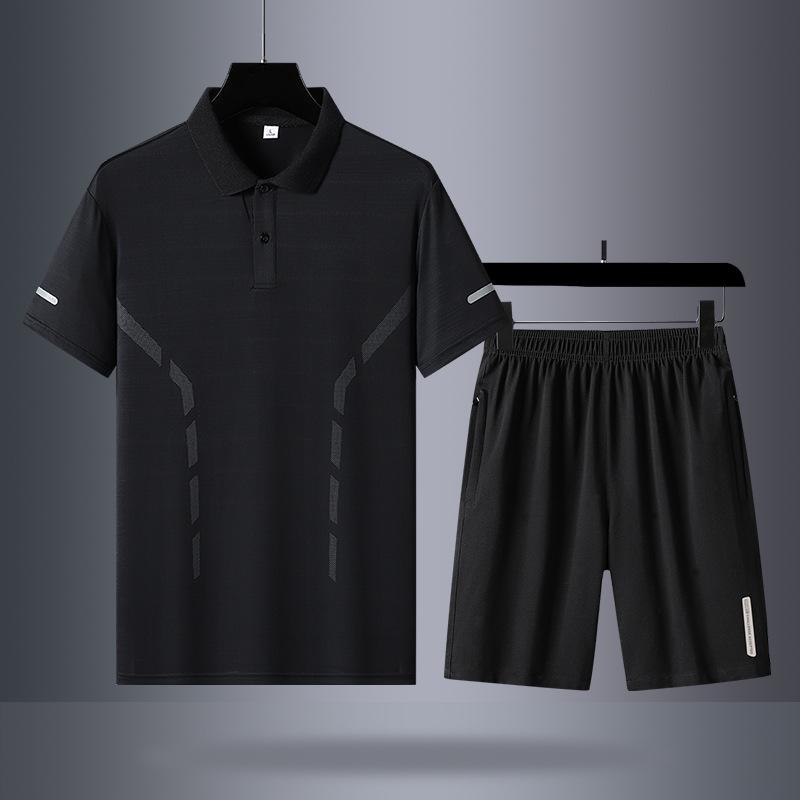 

Летний спортивный комплект из ледяного шелка, мужской, с коротким рукавом, для среднего возраста, для отдыха, комплект из двух предметов M чёрный