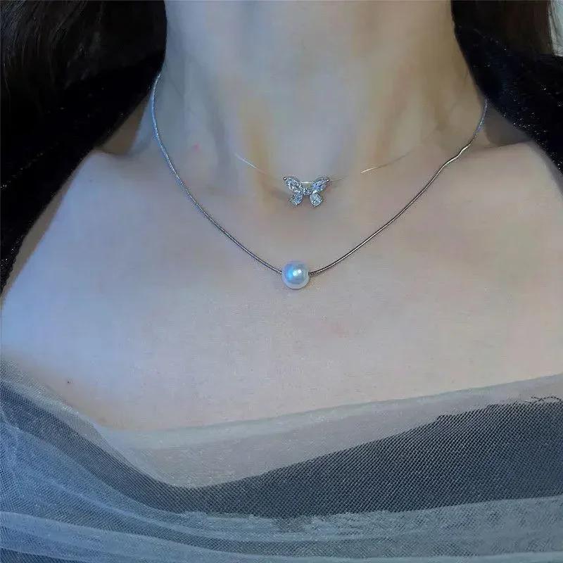 2024 New Fashion Single Gray Pearl Zircon Necklace for Women Simple Personalized Daily Accessory Party  Birthday Gifts