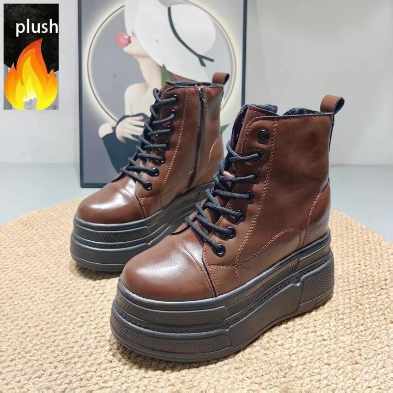 Mode High Top Damen Schuhe Echtes Leder 12cm Plateau Stiefel Knöchel Keil Versteckter Absatz Reißverschluss Herbst Warmes Fell Winterschuhe Sneakers