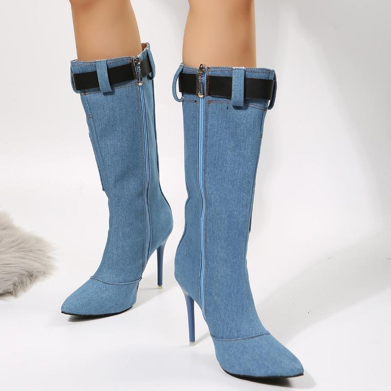 Denim belt buckle thin boots autumn and winter new thin heel pointed boots high heel medium tube fashion boots women
