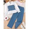 Girls' New Ruched Patchwork Top Autumn Imitation Denim Casual Pants Set 2pcs, Perfect for Outdoor