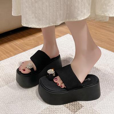 8Cm Thick-soled Set of Toed Rhinestone Cool Slippers for Women's Summer Wear 2025 New Small Height-increasing Muffin Beach Shoes