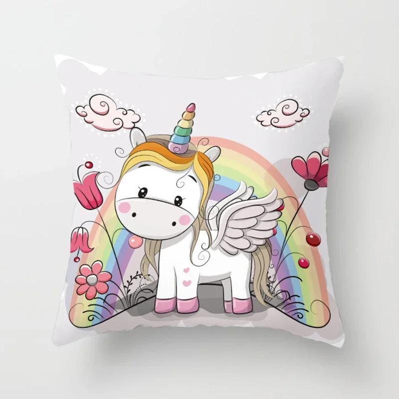 Niedliches Einhorn-Printmuster Quadratisches Kissen Polyester Kissenbezug Sofa Bürostuhl Kissenbezug Einfache Heimdekoration