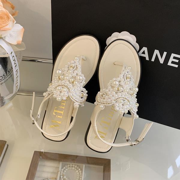 Fashion Beige Heeled Sandals Clear Shoes Slip-on Loafers Summer Women's Flip Flops Platform Soft Black Pearl Outside Elastic Band Girls