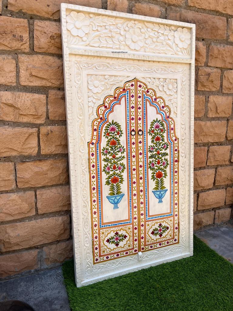 Hand-Painted Floral Wooden Wall Panel Indian Carved Faux Window Frame | Wall Style Jharokha Wall Art - 130 x 70 cm-Bedroom Decor Door Window