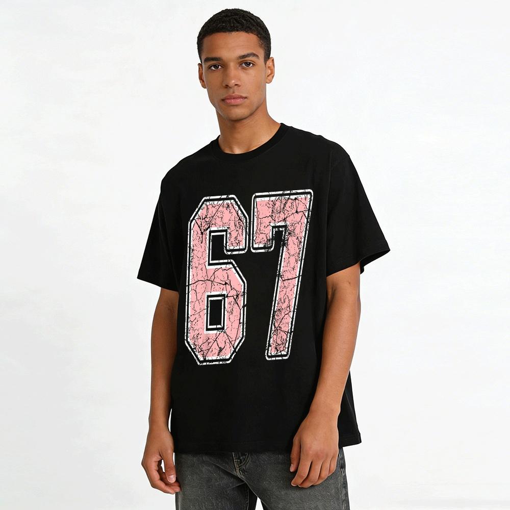 Vintage Cracked Number 67 American College Style Casual Print T-Shirt Pure cotton T-shirt