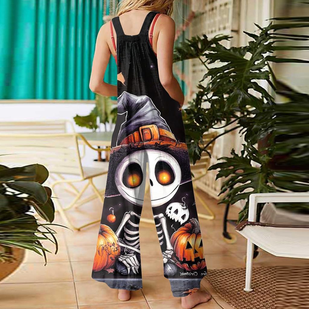 Women's Casual Halloween Printed Jumpsuit Sleeveless Printed Cotton Jumpsuit